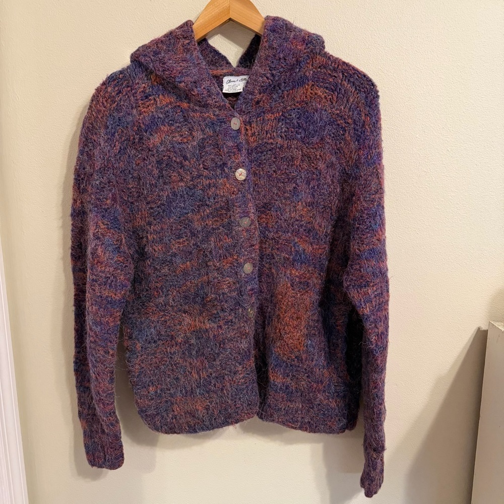 Vintage Chand Elle Fuzzy Hooded Cardigan Purple Rust Marled Wool Blend M - Picture 5 of 10